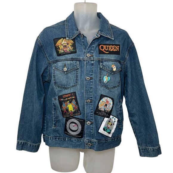 Denim Trucker jacket customized w Queen Freddy Mercury band patches Unisex - Picture 2 of 14